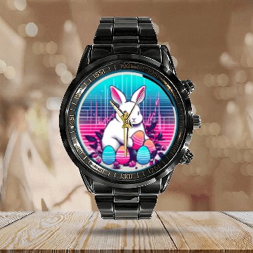Discover White Easter Bunny with Eggs Calendar Steel Band Watch