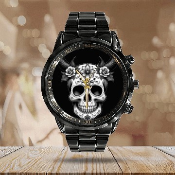 Discover Mystical Reverie: Horned Sugar Skull - Sugar Skull Calendar Steel Band Watch