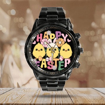 Discover Happy Easter Easter eggs chicks Spring flowers Calendar Steel Band Watch