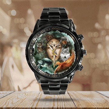 Discover Wildlife Tribal Wolf Owl Turtle Woman for a Calendar Steel Band Watch