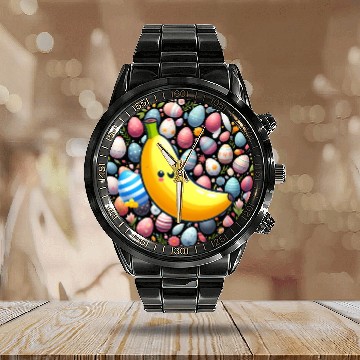 Discover Banana Among Colorful Easter Eggs Calendar Steel Band Watch