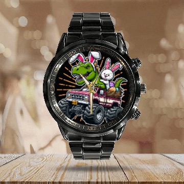 Discover EASTER DINOSAUR RIDING MONSTER TRUCK EASTER Calendar Steel Band Watch