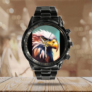 Discover image of an angry eagle in a contemporary medieval Calendar Steel Band Watch