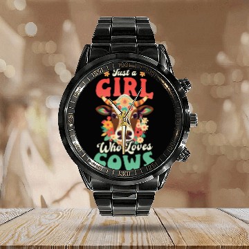 Discover Cow Farmer Girl Who Loves Cows Calendar Steel Band Watch