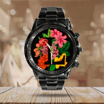 Discover Capital letter L monogram with peony, lily flowers Calendar Steel Band Watch