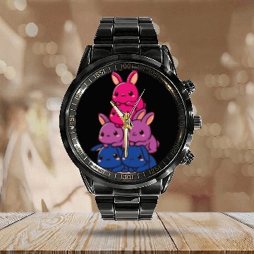 Discover Bunnies Bi Flag Pride Month Cute Bunnies Calendar Steel Band Watch