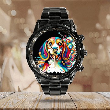 Discover Сheerful abstract beagle Calendar Steel Band Watch