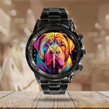 Discover Watercolor Colorful Chinese Shar Pei Calendar Steel Band Watch