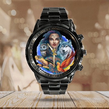 Discover Wildlife Tribal Wolf Owl Turtle Woman for a Calendar Steel Band Watch