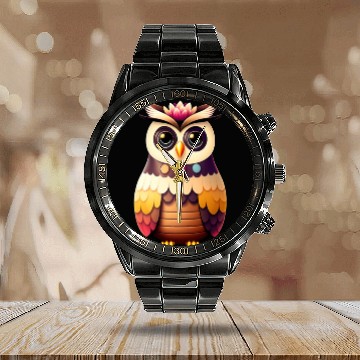 Discover Cute deco owl illustration Calendar Steel Band Watch