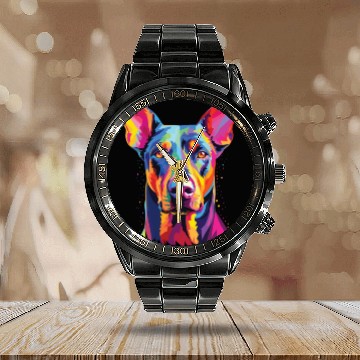 Discover Watercolor Colorful Doberman Pinscher Calendar Steel Band Watch