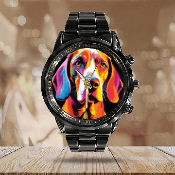 Discover Watercolor Colorful English Foxhound Calendar Steel Band Watch