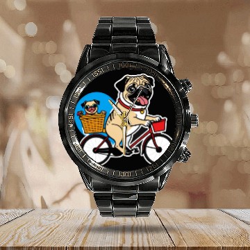 Discover Comical Pug: Effortful Bike Ride Calendar Steel Band Watch