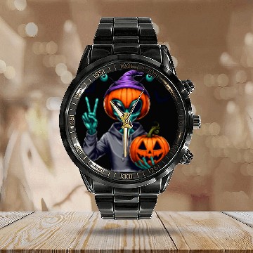 Discover Peaceful alien with Halloween pumpkin Calendar Steel Band Watch