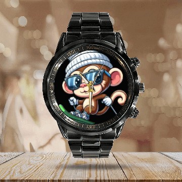 Discover Monkey Chimpanzee Skier Skiing Calendar Steel Band Watch
