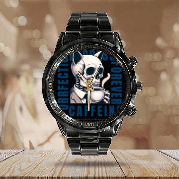 Discover Cat Skull Caffeine Connoisseur - Eternal Coffee Calendar Steel Band Watch