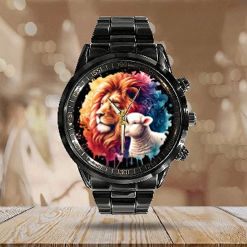 Discover Lion and Lamb Christian Watercolor Design Calendar Steel Band Watch
