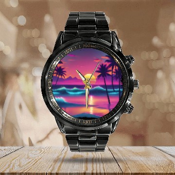 Discover 80s AI Airbrushed Beach Scene -Kids Calendar Steel Band Watch