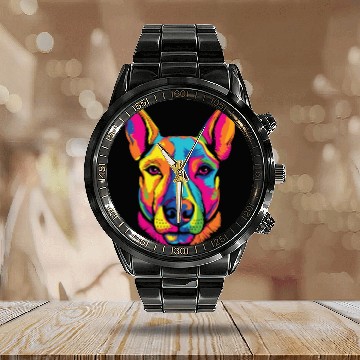 Discover Watercolor Colorful Miniature Bull Terrier Calendar Steel Band Watch
