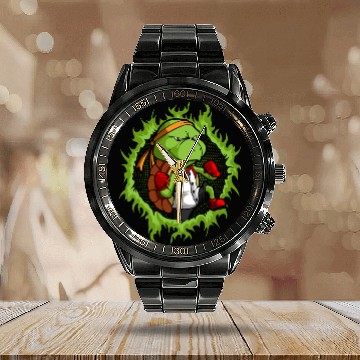 Discover Kung Fu Turtle With Halftone Fire Background Calendar Steel Band Watch