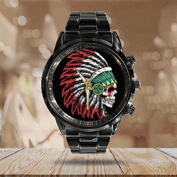 Discover Indigenous Native American Skull Skull Head Calendar Steel Band Watch