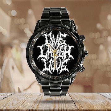 Discover Live Laugh Love Black Metal Parody Typography Calendar Steel Band Watch