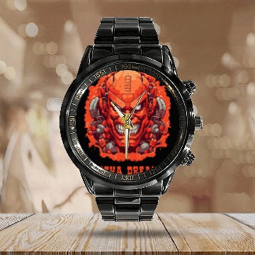 Discover MECHA DREAMS: Angry Cyborg Robot Face Calendar Steel Band Watch