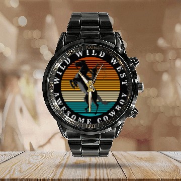 Discover Cowboy Sheriff Rider Revolver Calendar Steel Band Watch