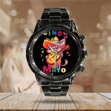 Discover Cinco de Mayo cat with Guitar Calendar Steel Band Watch