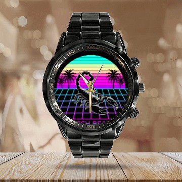 Discover Beach Beats Retro Scorpion - Synthwave Sunset Calendar Steel Band Watch