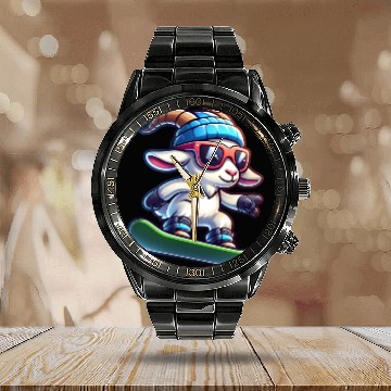 Discover Snowboarder Goat Winter Adventure Calendar Steel Band Watch