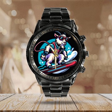 Discover Goat Snowboarder Winter Adventure Design Calendar Steel Band Watch