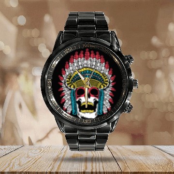 Discover Indigenous Native American Skull Skull Head Calendar Steel Band Watch