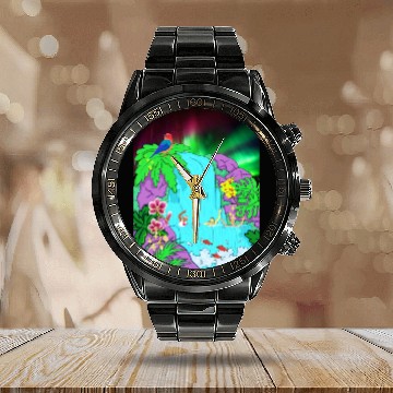 Discover Northern Lights Waterfall Serenity with Swimmers Calendar Steel Band Watch