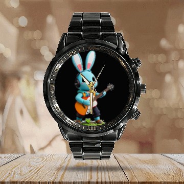 Discover Rabbit playing guitar Calendar Steel Band Watch