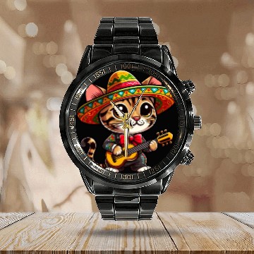 Discover Bengal Cat as Mariachi Guitarist Cinco de Mayo Calendar Steel Band Watch