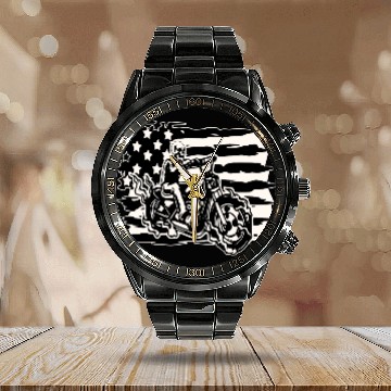 Discover Flaming Skull American Biker © WhiteTigerLLC.Com Calendar Steel Band Watch
