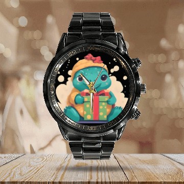 Discover Cute Little Green Turtle Holding a Gift Calendar Steel Band Watch