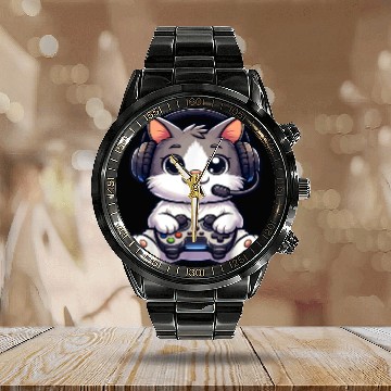 Discover Cute Gaming Cat Playing Console Video Game Calendar Steel Band Watch