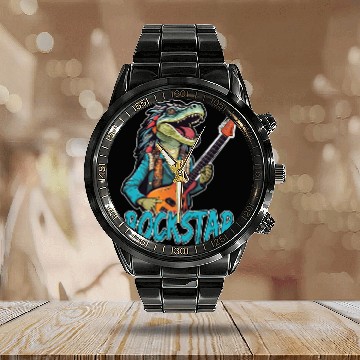 Discover Rockstar Reptile Musician with Electric Guitar Calendar Steel Band Watch