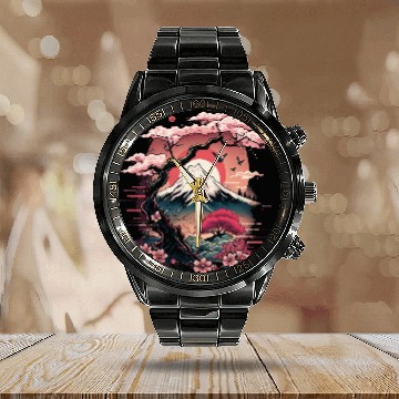 Discover Japanese Sakura Garden Geisha Mount Fuji Cherry Calendar Steel Band Watch
