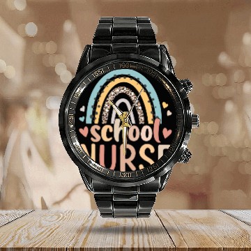 Discover Rainbow Leopard Print School Nurse Back To School Calendar Steel Band Watch