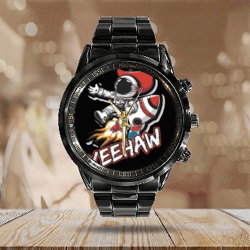 Discover Space Cowboy Riding a Rocket with Yeehaw Slogan Calendar Steel Band Watch