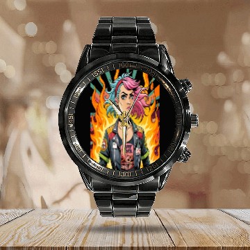 Discover Flames of Punk Rock Girl Calendar Steel Band Watch