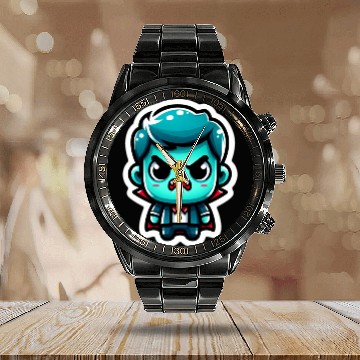Discover Aquatic Fury: Angry Aqua Vampire Calendar Steel Band Watch