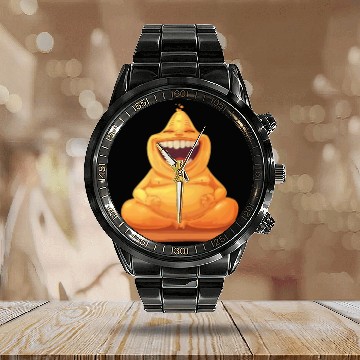 Discover Joyful Yellow Creature Embracing Laughter Calendar Steel Band Watch