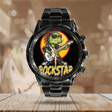 Discover Rockstar Reptile Musician with Electric Guitar Calendar Steel Band Watch