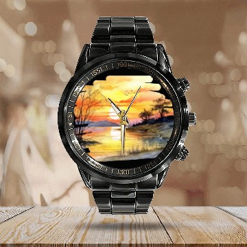 Discover Sunset on the river Calendar Steel Band Watch