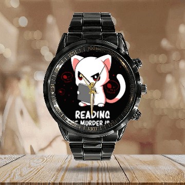 Discover Reading - Reading Cat - Dark Humor - Reading Book Calendar Steel Band Watch