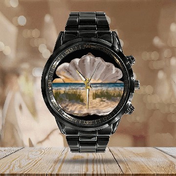 Discover Seashell Beach Scene Serene Ocean Landscape Calendar Steel Band Watch